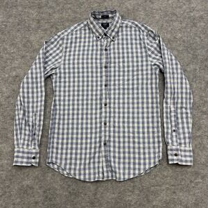 J CREW Shirt Men Small Blue Gingham Slim Homespun Button‎ Up Pocket Preppy Adult